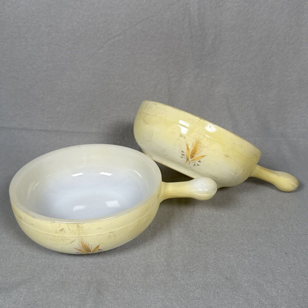 2 Vintage Glasbake Soup Bowls Milk Glass Yellow Wheat  Fair Condition